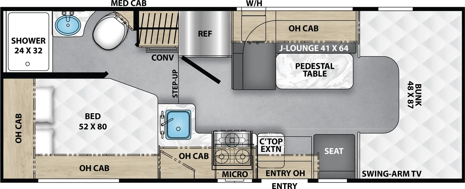 The Cross Trail 20CB has 0 slideouts and 1 entry door.  Interior layout from front to back; front 48 inch by 87 inch bunk; door side kitchen with counter top extension near entry, stovetop with microwave , overhead cabinets and single sink; off-door side 41 inch by 64 inch J-Lounge with overhead cabinets and pedestal table, refrigerator and furnace; step up; rear door side 52 inch by 80 inch bed with overhead cabinets; off-door side bathroom with shower, sink and toilet and medicine cabinet.